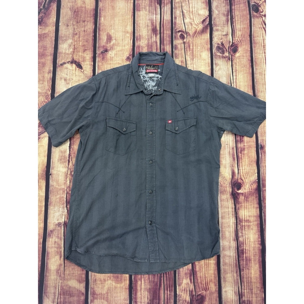 Quiksilver Men's Solid Black/ Gray Woven Button-Up SS Shirt w/ Pockets M